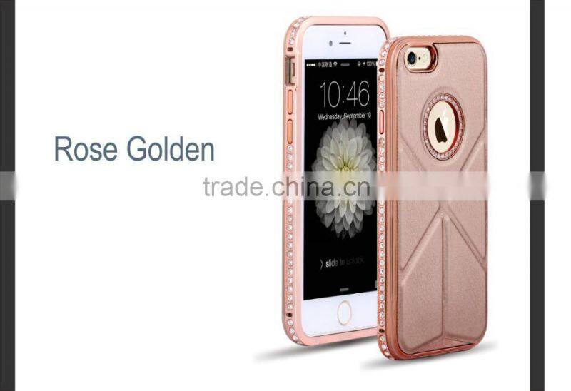 Luxury Plaid Pattern Cowhide Leather Back Cover with Kickstand Diamond Chrome Edged Bumper Hard Case for Iphone6 6plus