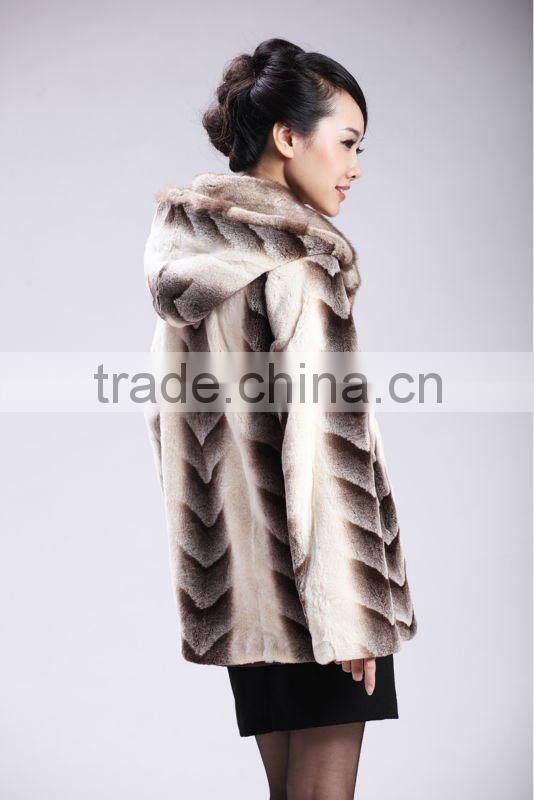 Embossed rex rabbit fur coat with mink hood
