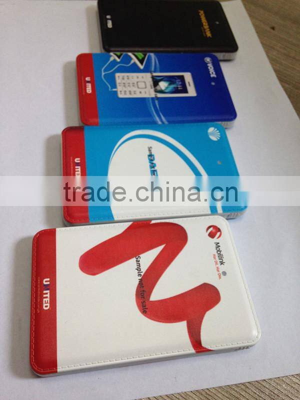 Premium leather cover customized promotional credit card shape portable phone power bank charger with built in micro usb cable