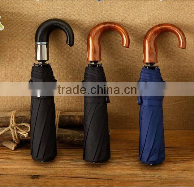 High quality Curve wooden handle pongee foldable umbrella,customized strong 3 fold auto open umbrellas for man