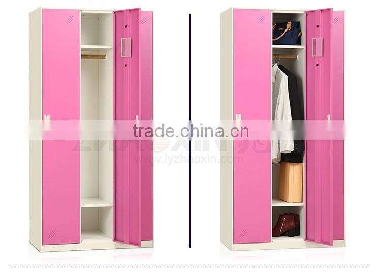 2 vertical door pink clothing steel locker hot sale steel locker with mirror key lock wardrobe cabinet