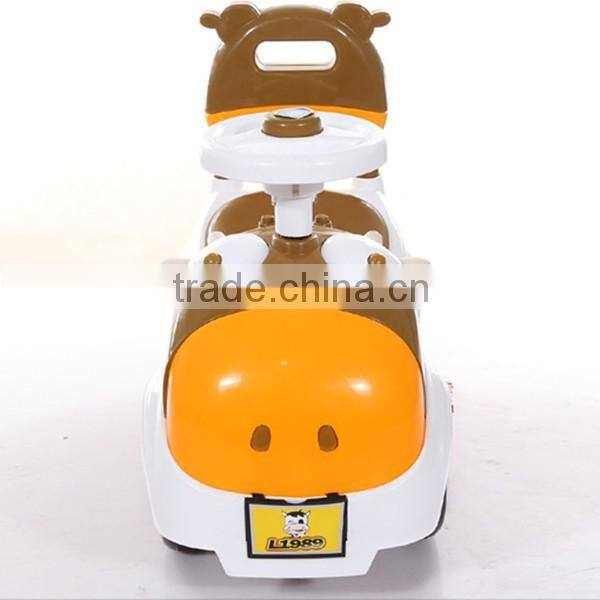 Hot sales CE approved children swing car,4 wheels cartoon cow children tricycle bicycle toys baby swing car with music