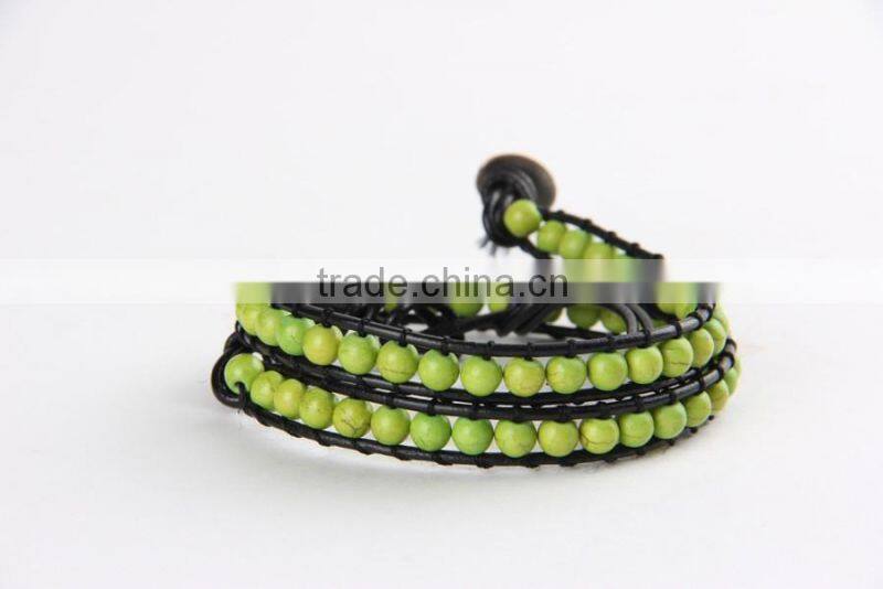 6mm natural green turquoise stone bracelet, genuine stone bracelet, handmade woven leather bracelet