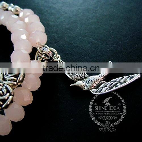 vintage antiqued silver rose leaf bird ice pink glass beads 2 layers women fashion wiring bangle bracelet jewelry 6490049