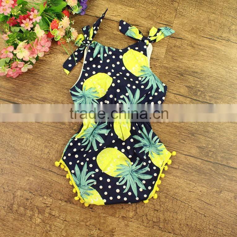 100% cotton toddler girl summer fruit print pom pom floral baby clothes romper first birthday pom girls jumpsuit