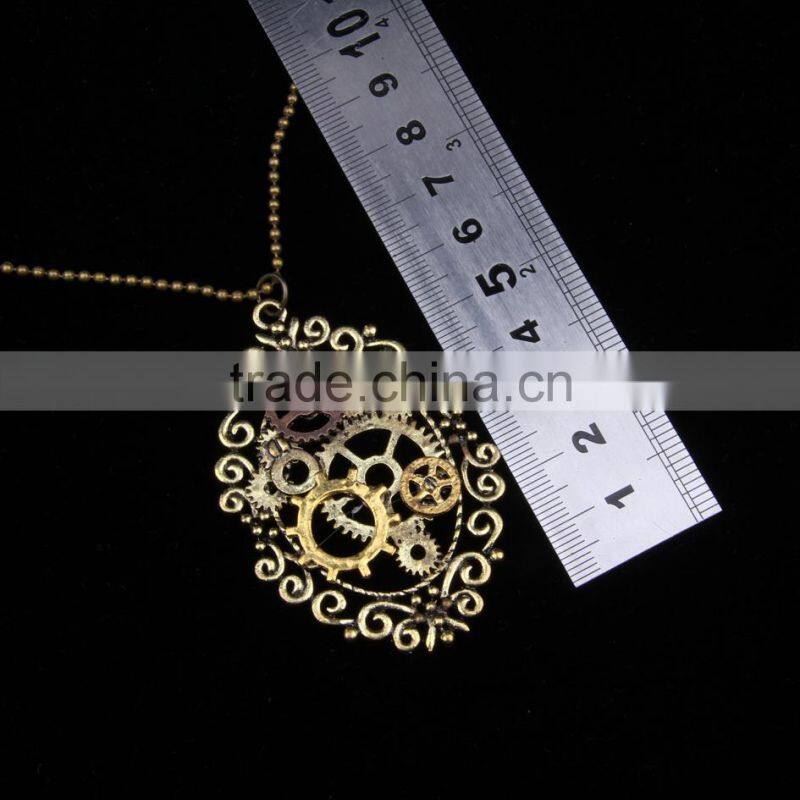 New design steampunk gear cameo pendant statement necklace 2015 yiwu fashion imitation jewelry hot sale