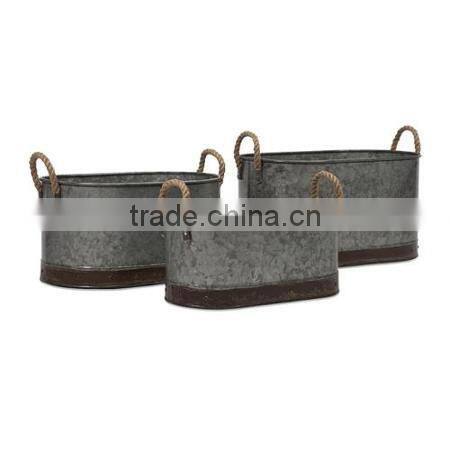 Large Round galvanized planter,Traditional Rustic Set of 3 Metal Galvanized Planter Home and garden with Jute ropeDecor