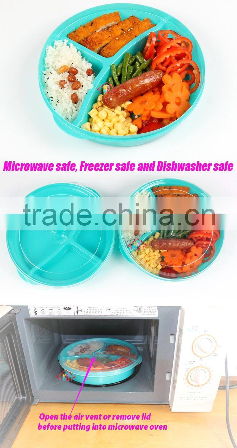 NBRSC New Design Microwave Plastic Food Storage Tray Containers 3 Compartment Divided Plates with Vented Lid