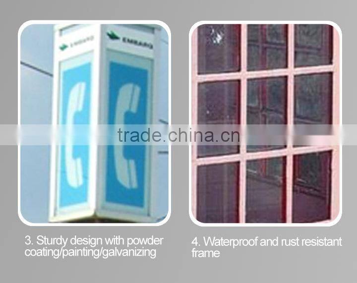 Blue antique telphone booth with telephone sign