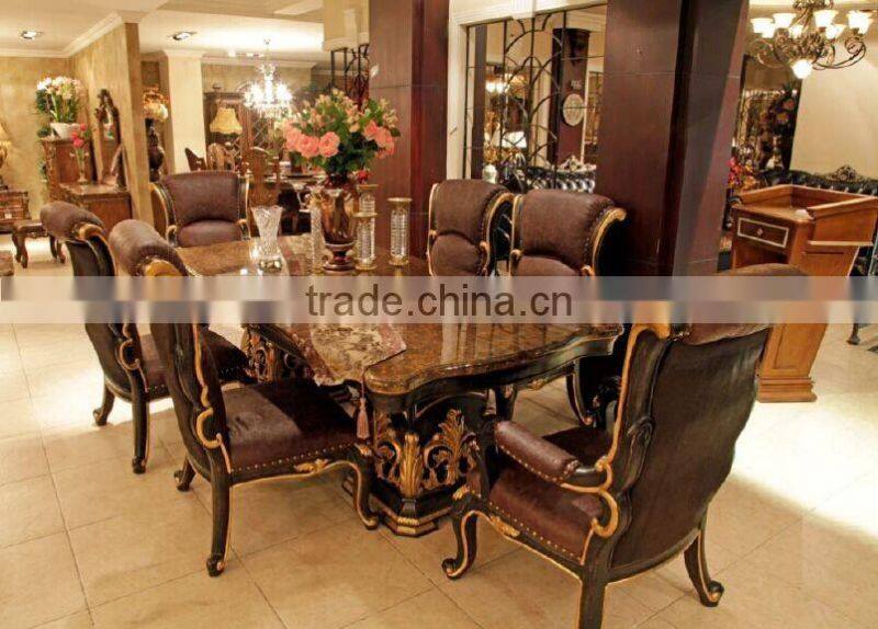 Royal Luxurious French Baroque Wood Carving Round Dining Table with Floral Marquetry Inlay Table Top BF12-03284c