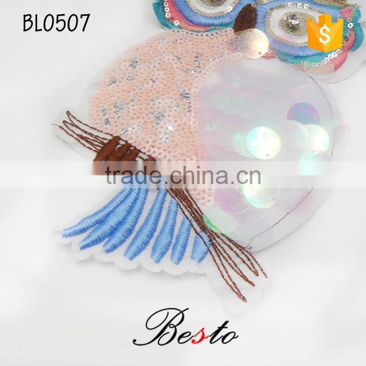 Factory custom large bird owl sequin applique for girl clothing
