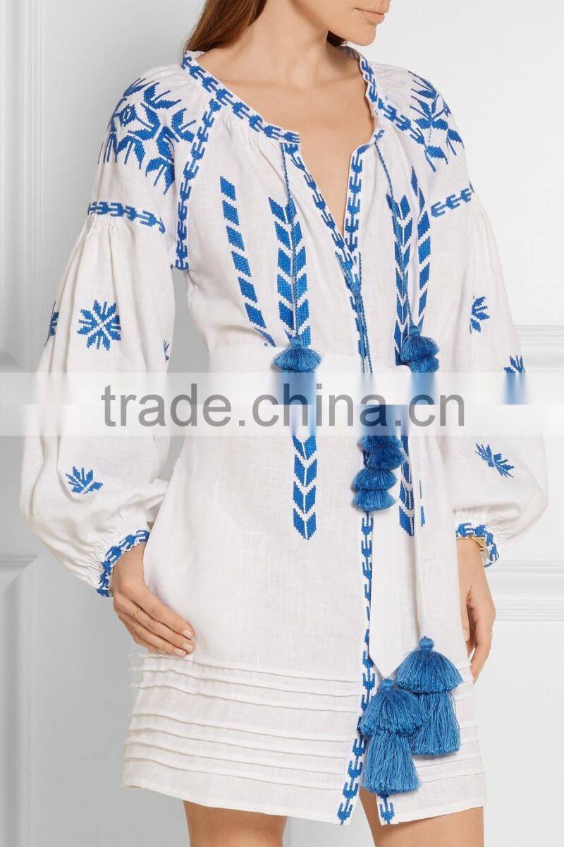 Boho Clothing Embroidered Cotton Mini Dress With Pom Pom Fringe 2016 HSD5810