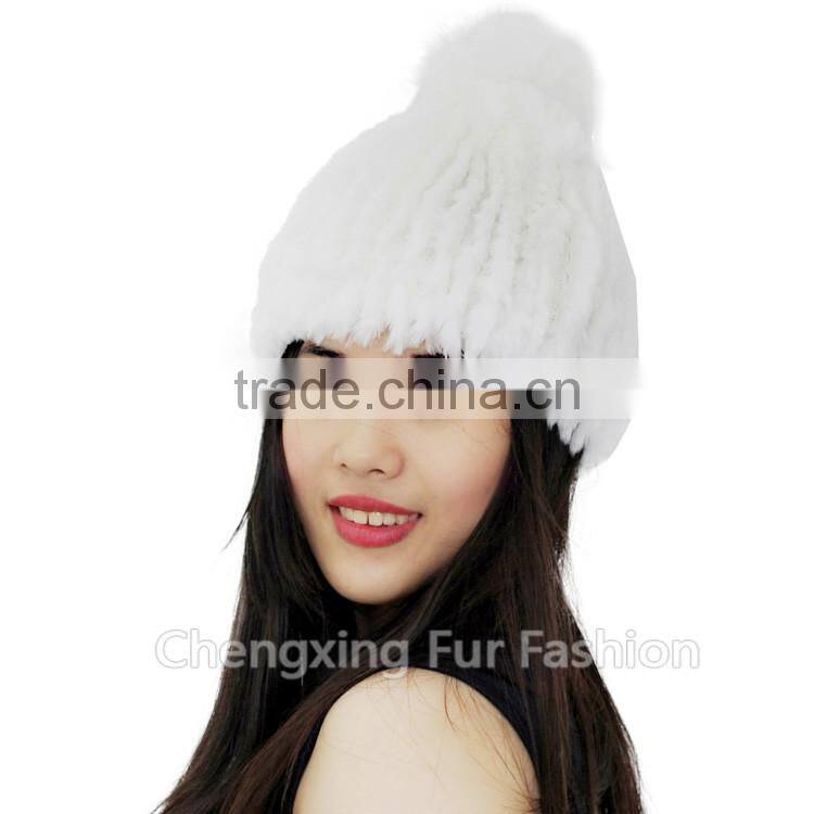 CX-C-58K Hand Knitted Genuine Rex Fur Beanie Hat With Fox Fur Ball