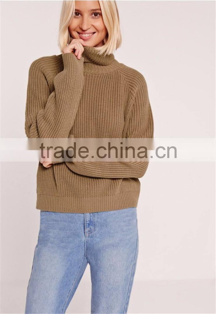 Oversized Drop Shoulder Roll Neck Crop Jumper Knitwear Sweater High Collar Pullover Brown Women Winter Clothings