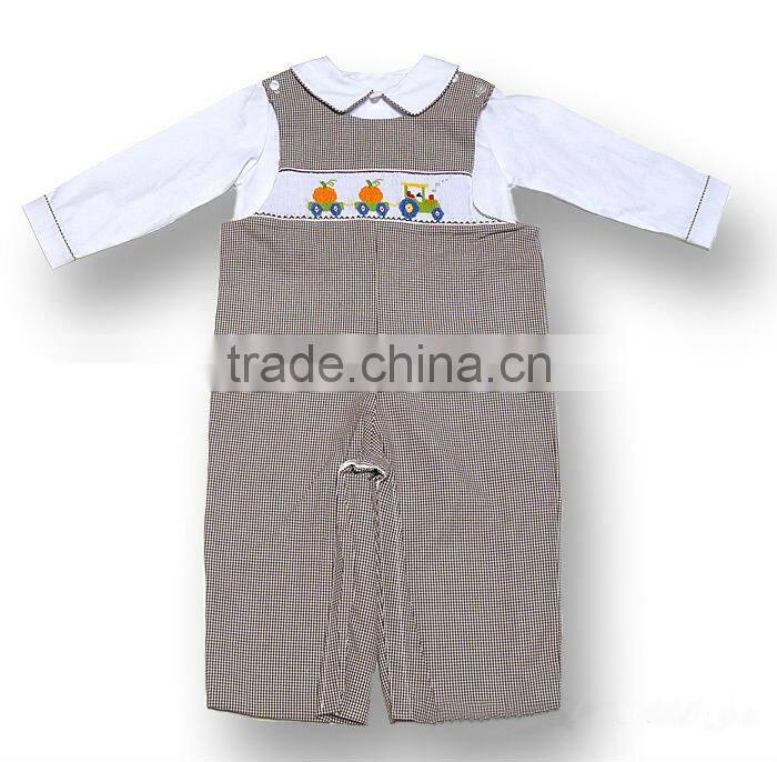 Baby Boys Brown Gingham Smocked Pumpkin Train Longall