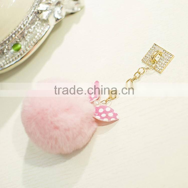 Hot selling New Rabbit Pom Pom Fur Ball Bow Cell Phone Keychain Pendant Charm Key Chain Mirror Case For iPhone