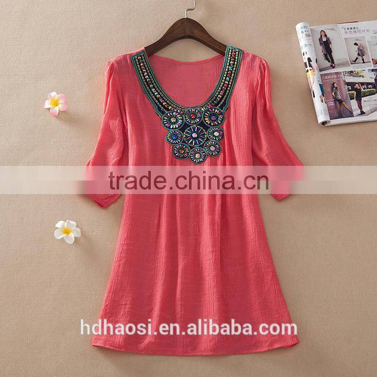 Hotsale O-neck Printed Retro Vintage Bohemian Loose Casual Chiffon shirts Blouse top clothing for women