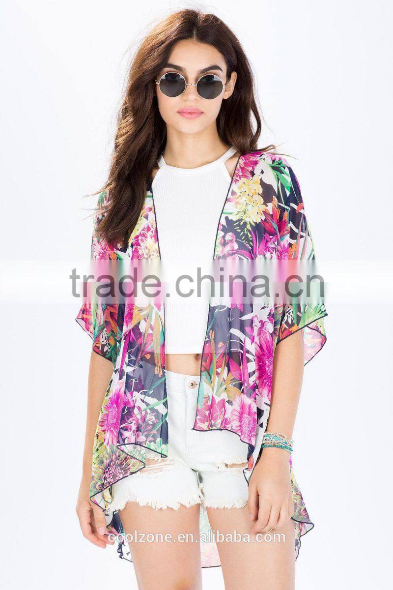 Open front lush botanical prints kimono women with extended back hem