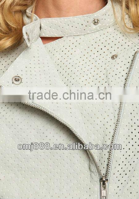 Perforated Bomber PU white fashion zipper long sleeve Jacket