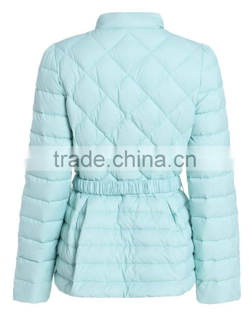 Womens light blue slim fit button-up down jacket with adjustable elastic belt