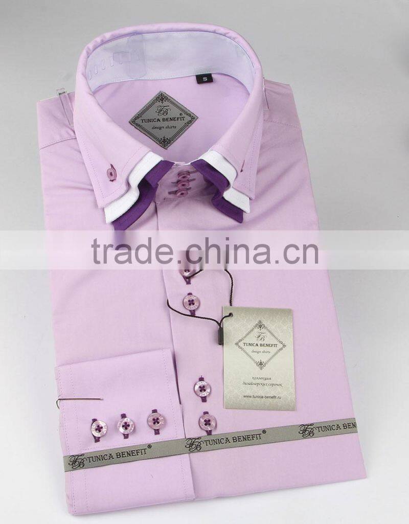 Triple button down collar contrast color collar dress shirt