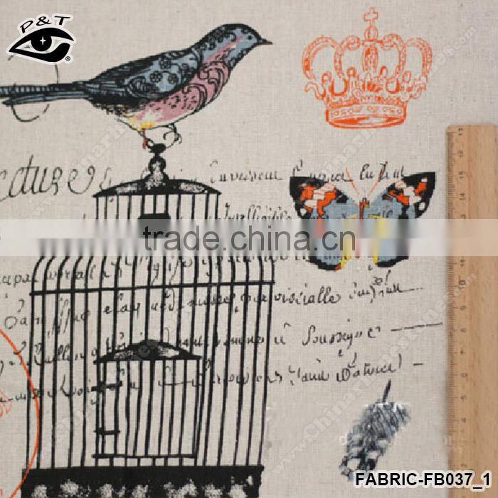 Vintage canvas textile fabric Bird Pattern Printed Linen Fabric screen printing linen fabric