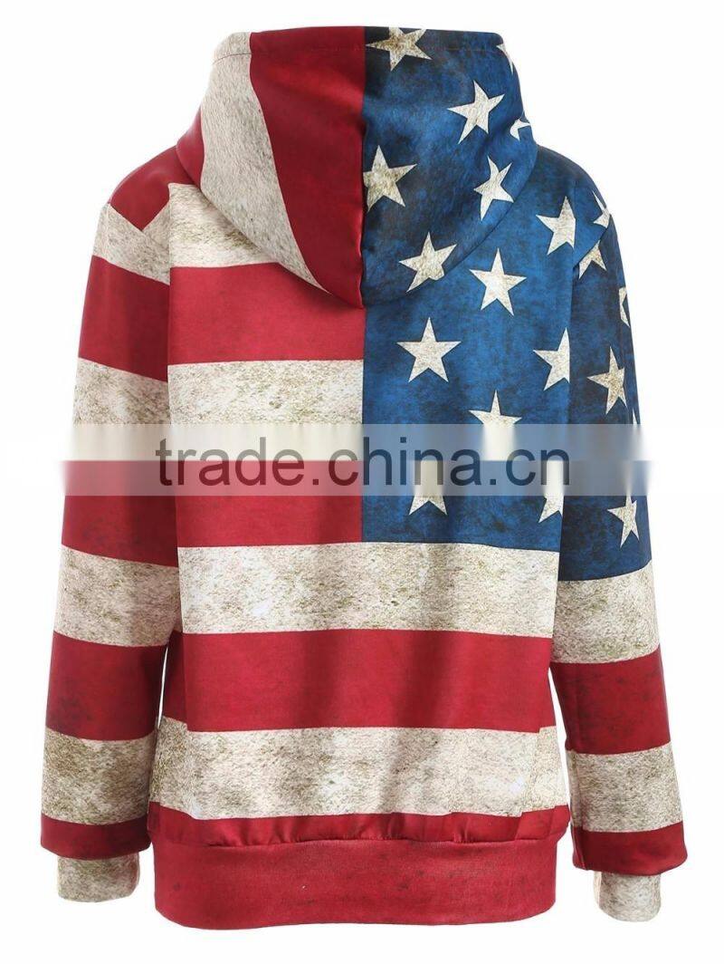 Unisex Fashion USA American Flag Print Hooded Slim Pullover Hoodie Sweatshirt