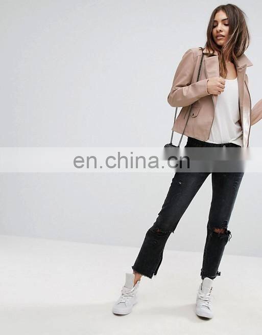 High quality fashion long sleeve latest design women PU leather jacket