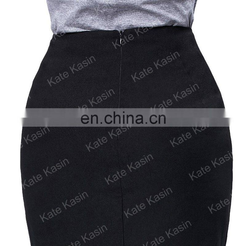 Kate Kasin Occident Women's Black High Stretchy Hips-Wrapped Split Short Pencil Skirt 20" KK000273-1