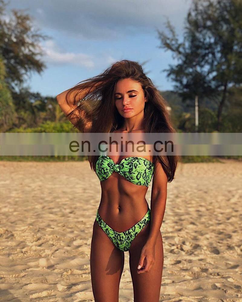 2019 Sexy Snake Print Bandeau Bikini Set Women Wrapping Bow Off Shoulder Strap Mujer Two Piece Padded Swimsuit Biquini