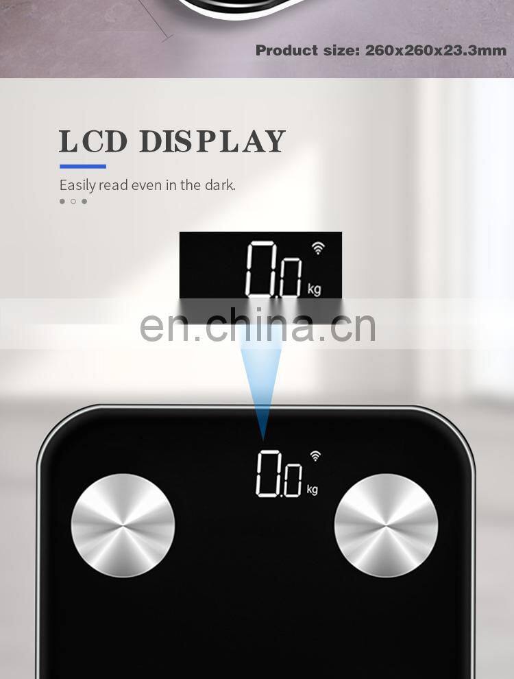 Eco Friendly BMI Healthy Calorie Measuring Digital Bathroom Body Fat Scale 180kg WIFI Connection Smart Scale