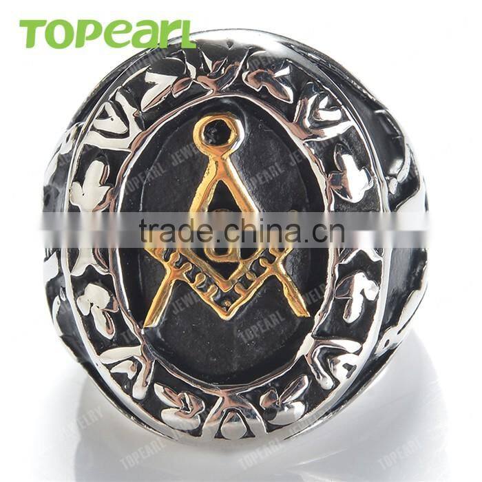 Topearl Jewelry Masonic Mason Gold-tone Oval Party Ring 316 Stainless Steel MER05-01