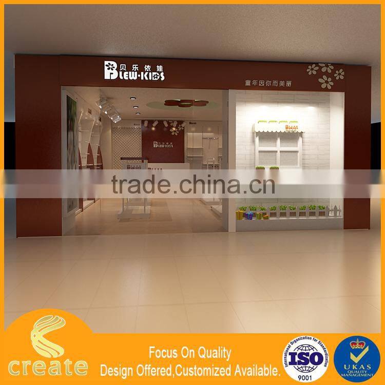 Guangzhou factory OEM/ODM MDF wood wall designs children clothes showcase for shop kiosk