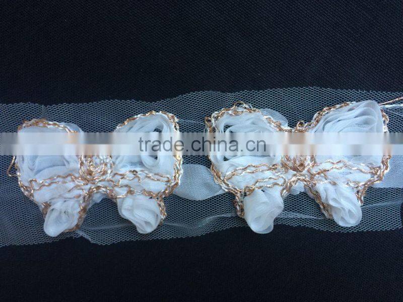 white shabby chiffon 3X2.5" butterfly sequin & gold trim fabric rose spring craft supplies baby headband flower