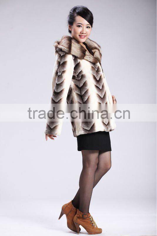 Embossed rex rabbit fur coat with mink hood