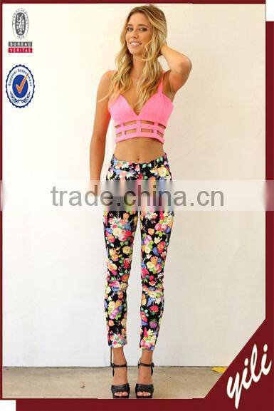 women rib waisted casual pants 100% rayon print trousers tropical floral ninth pants