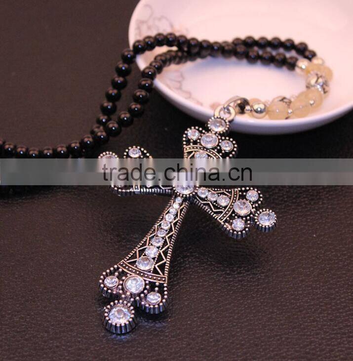 2016 New European Decorative Openwork Cross Female Vintage Long Beaded Necklace