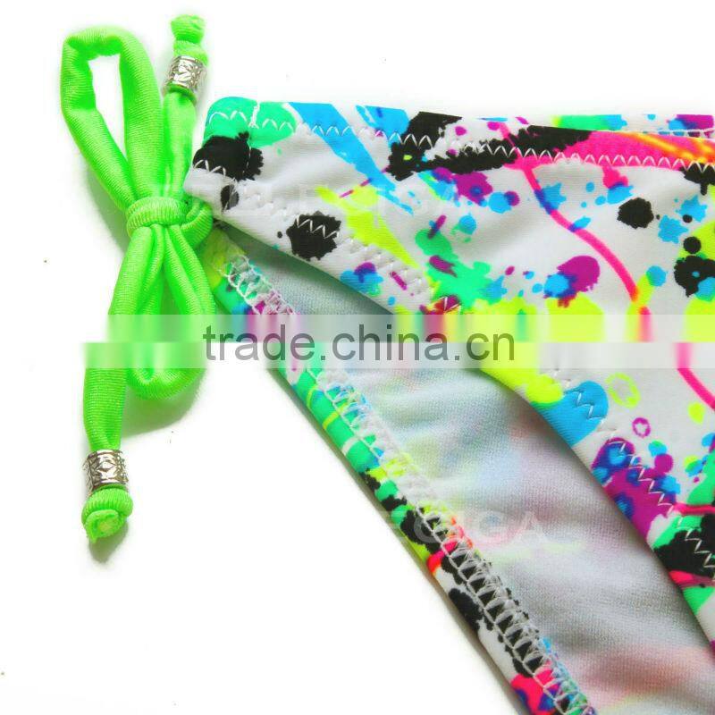 RELLECIGA Bandeau Bikini Series - Doodle Print 1/2 Cup Bandeau Top Girls Swimwear Bikini Neon Green Ties at Neck and Pearlish De