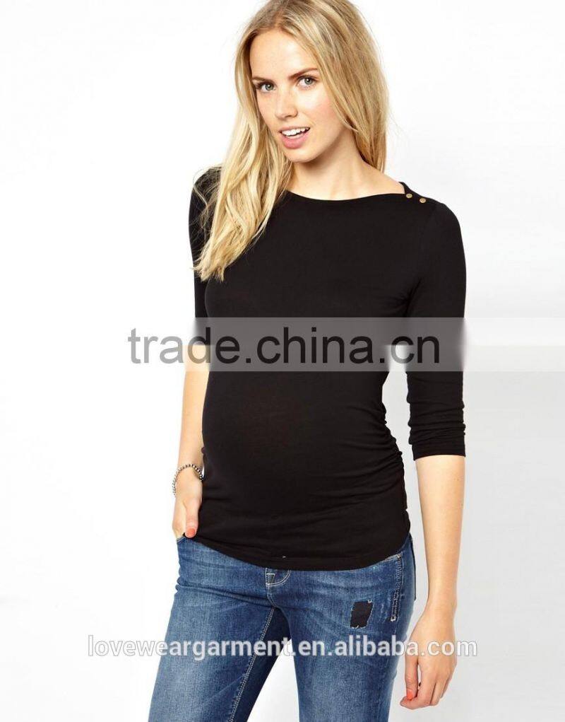 Wholesale plain cotton maternity black t shirts with button shoulder