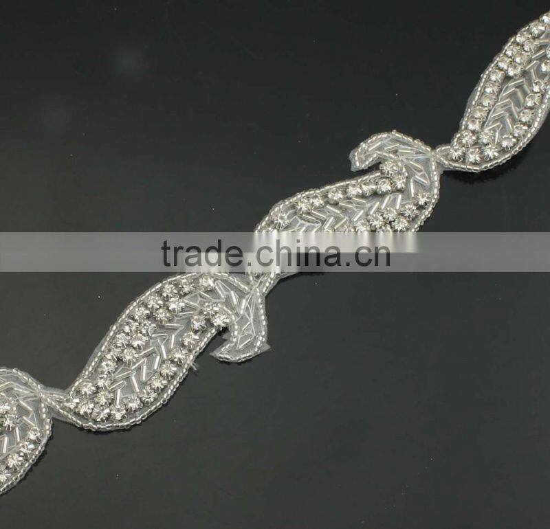 30mm crystal wedding leaf shape bead trim for bridal sash R2319