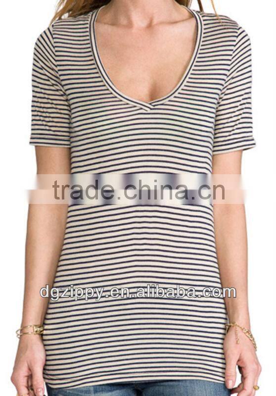 Short Sleeve V-Neck Navy/Beige Stripe women plain t-shirt