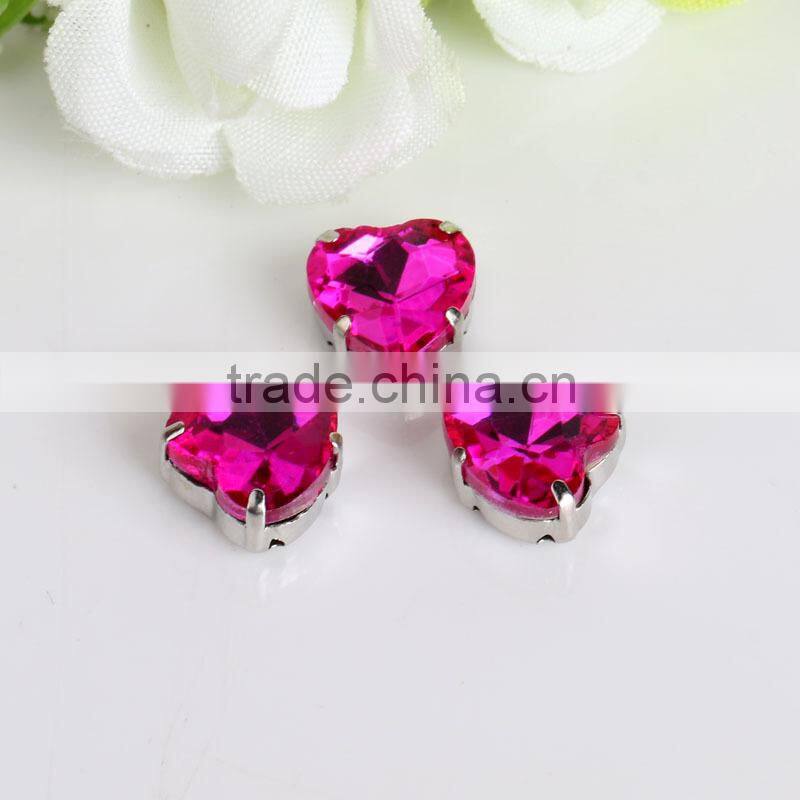 bling bling sew on burgundy color crystal heart shaped strass with metal claw for fashion clothing decoration