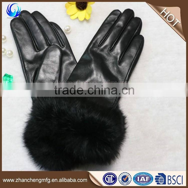 Funky women genuine sheep leather hand gloves with rabbit fur cuff