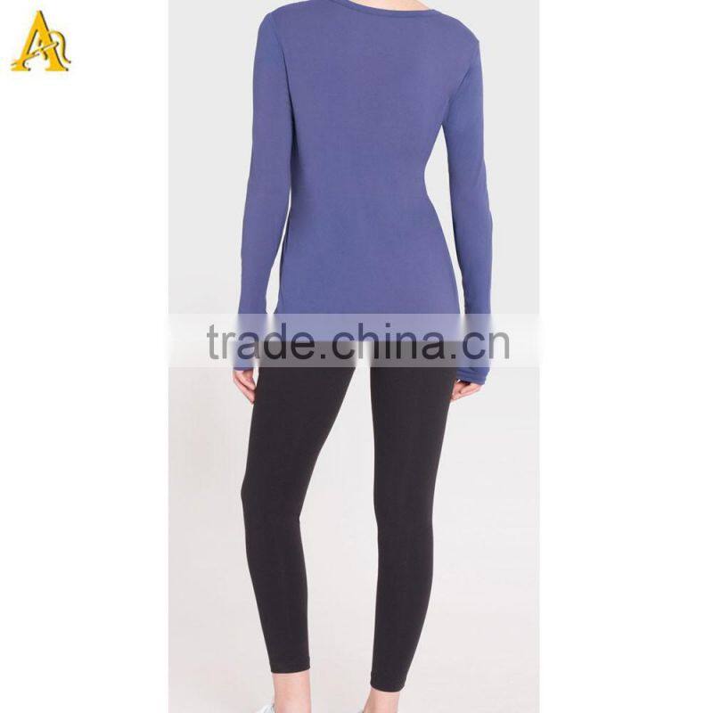 100% Cotton long sleeves t shirt women curved-hem pocket t shirts wholesale