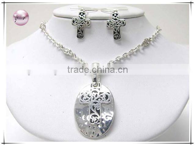 Textured metal cross engraved oval pendant chain necklace earring set