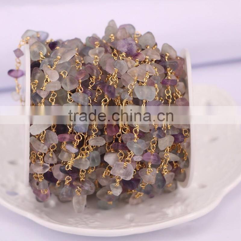 Natural Fluorite Nugget Quartz Chip Bead Rosary Chain, Gold plated Wire Wrapped Chain