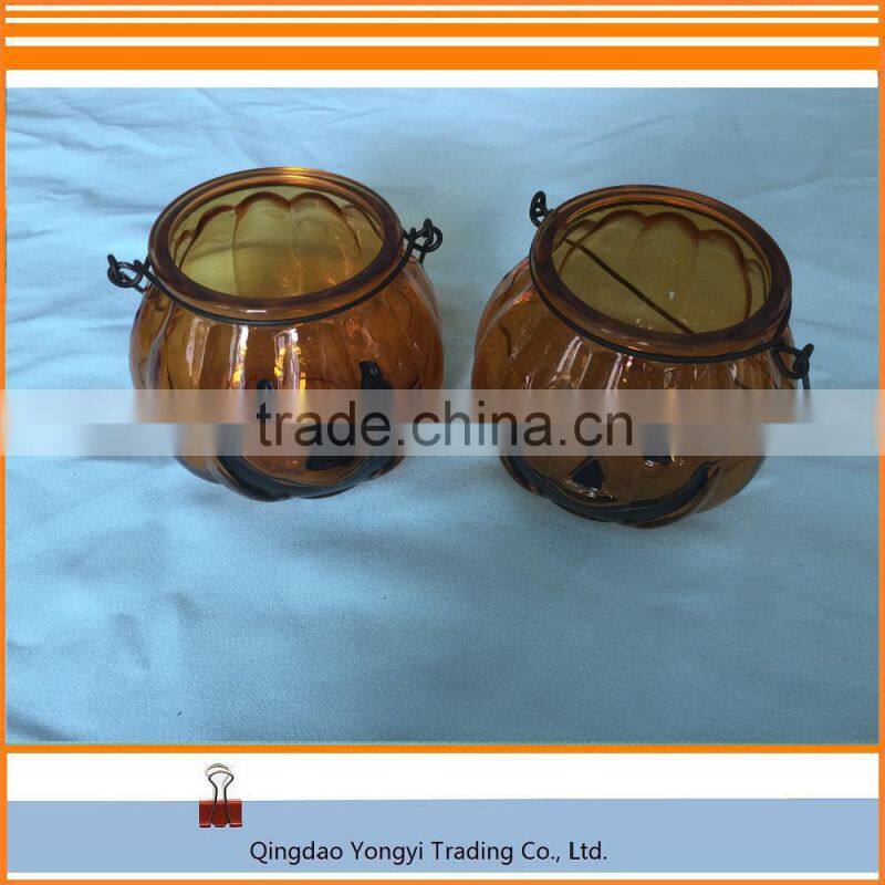 Halloween Pumpkin Yellow Glass Jar Candle For Decoration