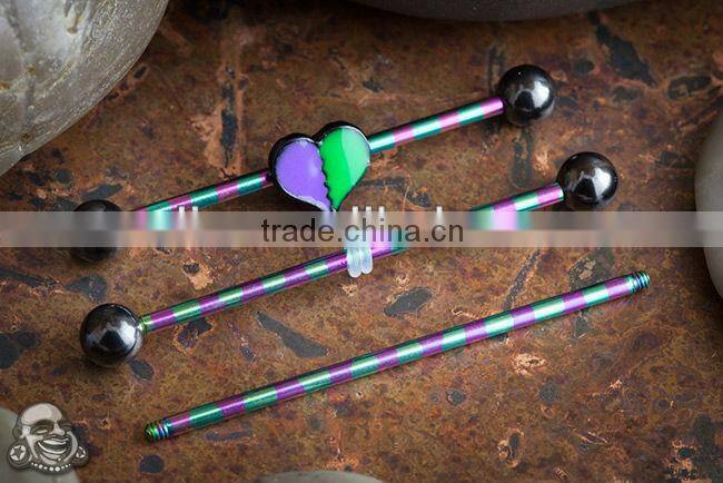 Purple and green heart industrial barbell body piercing jewelry