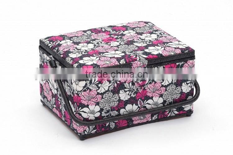 Floral Print Wooden Sewing Tool Basket w/ Accessories
