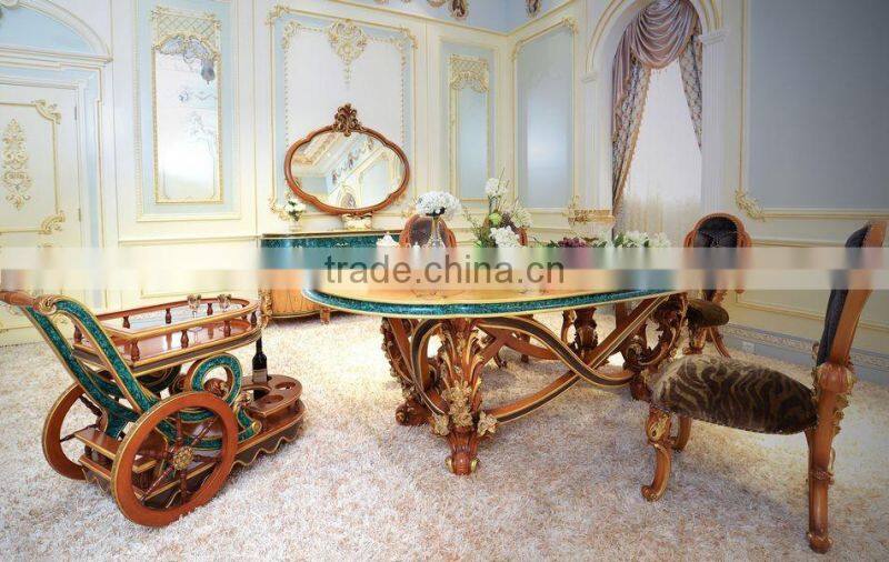 Antique Rococo Peacock Green Living Room Glass Display Cabinet/ Latest Design Decorative Wooden 4-Door Wine Cabinet